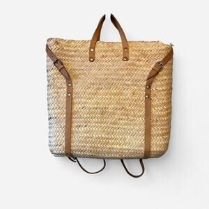 Marrakech Basket Backpack Market Bag woven straw backpack with leather straps